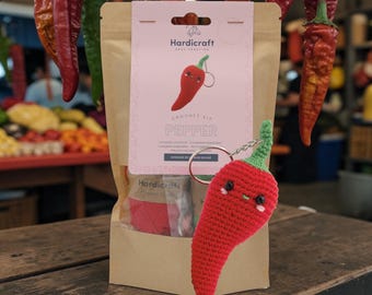 Pepper Crochet Kit, Organic Cotton Yarn Craft, Bag Pendant (Approx. 5.12" Tall)