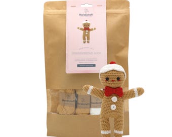 Gingerbread Man Crochet Kit - DIY Christmas Needlework - Organic Yarn - Holiday Craft- HardiCraft