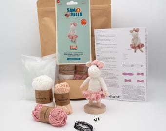 DIY Mouse Crochet Kit with Organic Yarn - Amigurumi Gift for Crafters - Hardicraft Sam & Julia Series