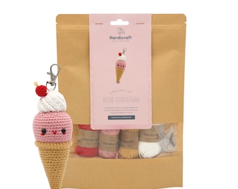Ice Cream Cone Crochet KitPurse Bag Pendant, DIY Backpack Charm Kit, Gift for Crocheter, Adolescent Gift, DIY Needlework, HardiCraft Kits