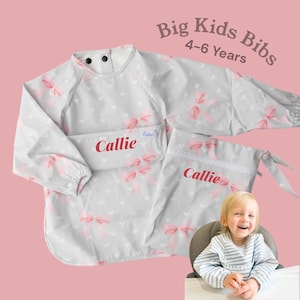 Personalized Bigger Kid Waterproof Long Sleeve Bib with Pocket & Travel Bag (4-6 Years), 3 - Pattern Choices Available