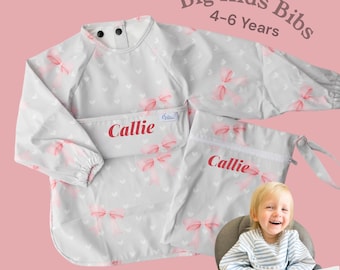 Personalized Bigger Kid Waterproof Long Sleeve Bib with Pocket & Travel Bag (4-6 Years), 3 - Pattern Choices Available