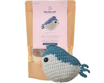 Blue Bird Crochet Kit - DIY Craft Kit Gift for Crocheter - Organic Cotton Yarn - HardiCraft Bird