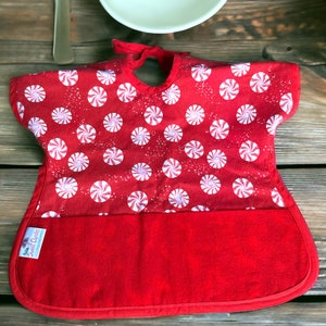Reversible Flannel Toddler Bib: Christmas Peppermint Apron with Pocket