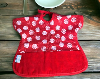 Toddler Bib Christmas - Reversible Flannel Baby Bib - Unisex Toddler Bib - Reversible Apron Bib - Craft Bib w/Pocket - Unisex Reversible Bib