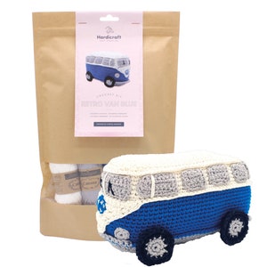 May include: A crochet kit to make a blue and white retro van. The kit includes yarn and instructions. The finished product is shown in the image.