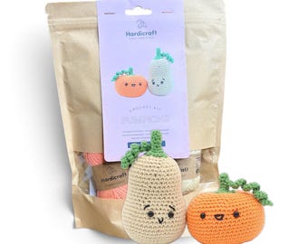 Pumpkin Set Crochet Kit - Amigurumi Halloween DIY Decorations - Organic Cotton Yarn - Gift for Friend - Fall Decor
