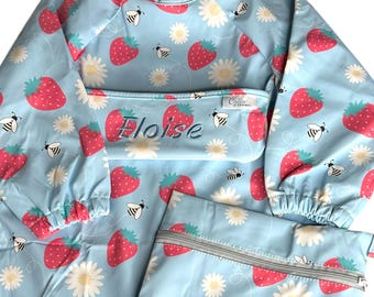 Personalized Waterproof Long Sleeve Bib with Pocket & Travel Bag – Toddler Smock Bib - Messy Play Apron