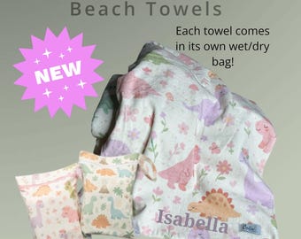 Personalized Kids Beach & Bath Towel with Wet Storage Bag - Cotton Dinosaurs Prints - Birthday and  Baby Shower Gift Idea