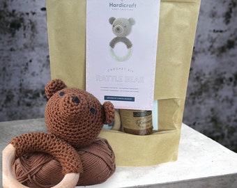 Bear Rattle Crochet Kit: DIY Baby Toy with Wooden Ring
