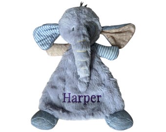 Personalized Elephant Lovey Blanket with Rattle - Customized Embroidered Baby Gift