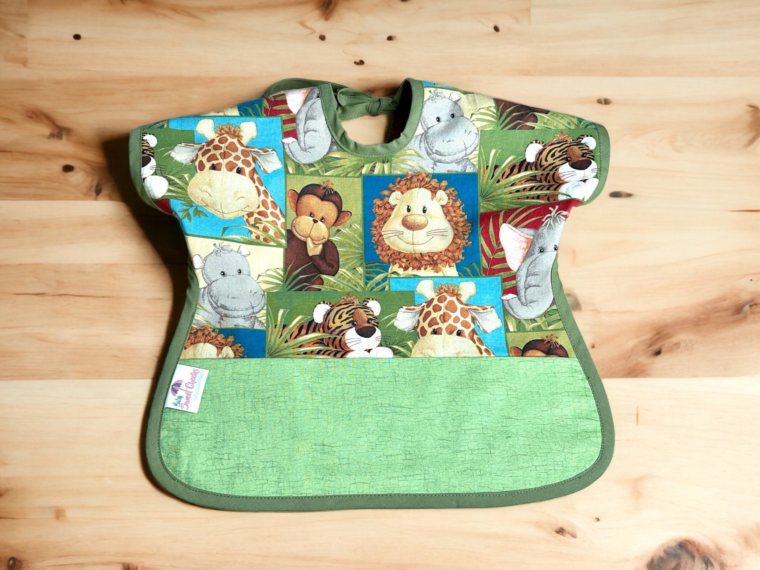 Toddler Bib - Personalized Bib - Cotton Toddler Reversible Bib - Zoo Animals Apron Bib - Craft Bib w/Pocket - Unisex Bib - Toddler Gift