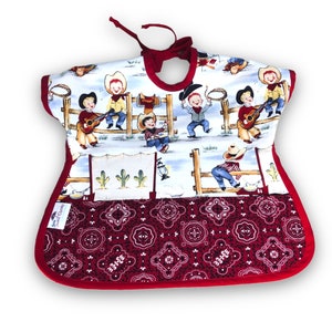 Toddler Bib - Reversible Bib - Cotton Toddler Bib -  Farmer Reversible Apron Bib / Craft Bib w/Pocket / Boy Bib