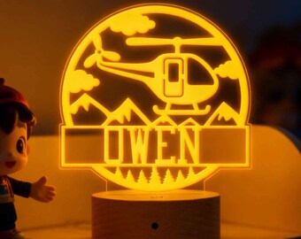 Engraved Helicopter Night Light | Personalized Kids Bedroom Decor