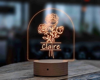 Natural Flower Night Light, Custom Night Light with Name, Baby Bedroom Lamp, Boho Flower Gift, Mother's Day Gift, Baby Girl Room Gift