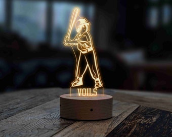 Personalized Baseball LED Night Light, Custom Name Wooden Base Lamp, Kids Sports Room Decor