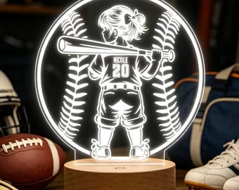 Personalized Baseball Baby Girl Night Light, Engraved Name Lamp, Baby Shower Gift, Nursery Decor, Baby Girls Bed Room Light
