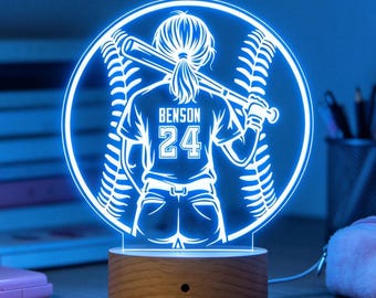 Personalized Girls Baseball Night Light, Custom Name Softball Lamp, Teen Girl Athlete Gift, Girls Room Decor, Birthday Gift for Girls