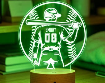 Personalized Baseball Night Light, Custom Name Baseball Player Lamp, Teen Boys Room Decor, Christmas Gift for Grandson