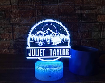 Camping Night Lights, Personalised Table Night Lights, Bedroom Decor, Custom Night Lamp Name, Holiday Gift, Birthday Gift, Kid&#39;s Decor