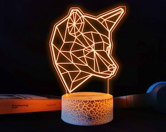 Lámpara de noche LED geométrica Shiba Inu, decoración de mesilla de noche con cambio de color