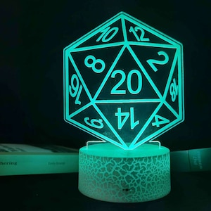 D20 Night Light, Dnd Dice Lamp, Gaming Room Decor, D20 Gift, Gamer Tag, Gift for Gamer, Gift for Player, Fantasy Decor, Gamer Accessories