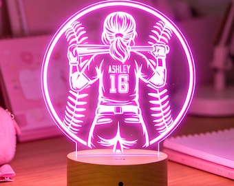 Girls Baseball Player Night Light Personalized, Custom Name & Number Lamp, Softball Gift, Gift for Granddaughter from Grandma