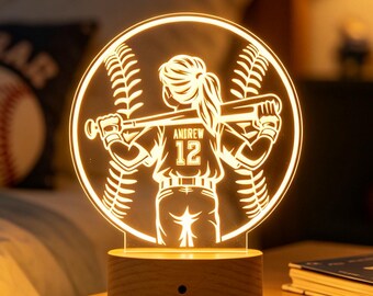 Baseball Player Night Light Personalized, Custom Girls Name & Number Lamp, End of Season Gift, Back-to-school Gift for Girls
