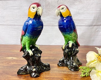 made in Japan Green and Red tropical bird 7 Holes for Stems Hand painted Vtg Love Bird  Parrot Ceramic flower frog