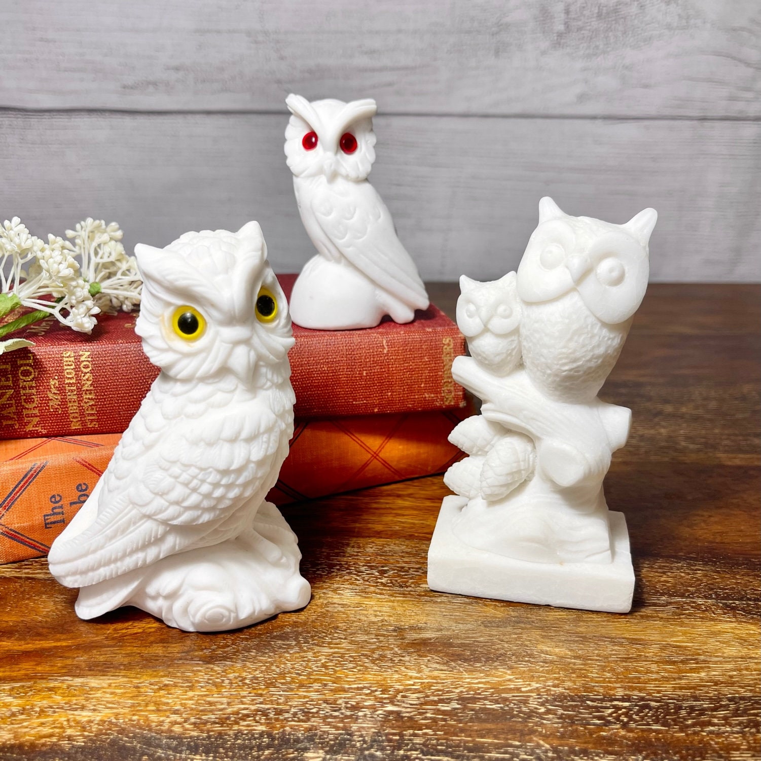 Vintage 1960s set of 3 carved salt stone owl figurines, retro MCM trendy home decor, gifts for owl lovers, gifts for her