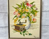 Vintage 1970s large wood framed flower vase coffee grinder embroidery, cottagecore decor, retro wall art, gifts for her, housewarming gifts