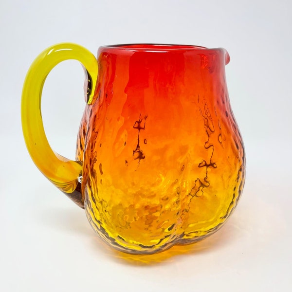 Vintage 1967 Blenko #679 tangerine "brains" glass pitcher, cadmium glow!
