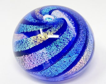 Studio 522 signed cobalt and dichroic spiral art glass paperweight