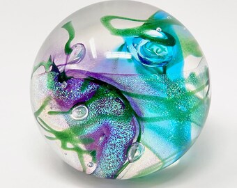 Vintage 2003 Glass Eye Studio GES blue, purple, and green abstract art glass paperweight