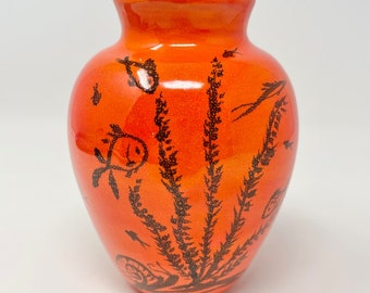 Calico Pottery Works CB signed orange and black underwater fish pottery vase, from Calico Ghost Town, CA