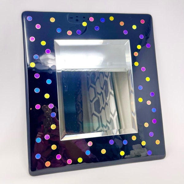 Vintage black and dichroic polka dot art glass mirror, 16” x 14.25”