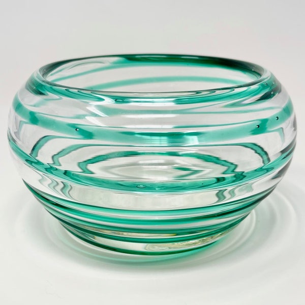 Vintage 1992 Blenko #9232 crystal clear with emerald green spiral glass bowl