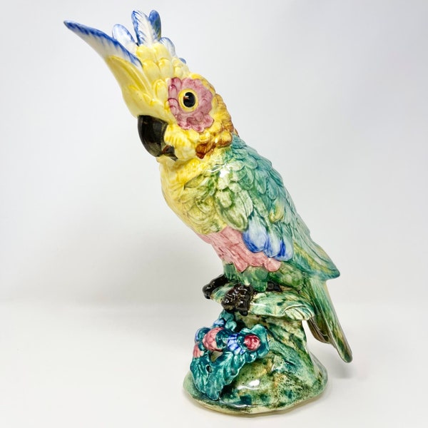 Vintage Stangl Pottery Birds #3584 12" Cockatoo yellow, green, blue bird sculpture