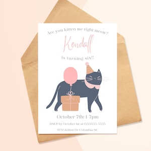 Cat Birthday Invitation, Cat Birthday Party Invitation Template, Editable Cat Birthday Invitation Template, Kitten Birthday Party Invitation