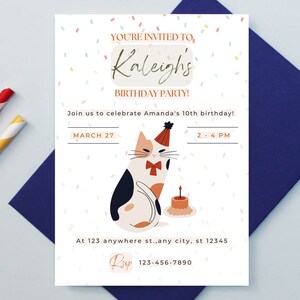 Cat Birthday Invitation, Cat Birthday Party Invitation Template, Editable Cat Birthday Invitation Template, Kitten Birthday Party Invitation