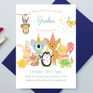 Party Animals Birthday Invitation, Cute Animal Printable Birthday Invitation, Digital Download, Editable Template Kids Birthday Invitation,