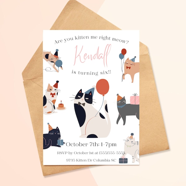 Cat Birthday Invitation, Cat Birthday Party Invitation Template, Editable Cat Birthday Invitation Template, Kitten Birthday Party Invitation