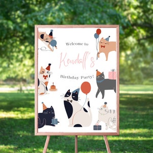 Cat Birthday Party Welcome Sign, Cute Cat Birthday Party Decor, Kitten Birthday Party Welcome Sign, Party Cat Birthday Sign Decor Template