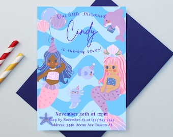 Mermaid Birthday Invitation, Little Mermaid Birthday Invitation, Mermaid Birthday Party Invitation Template, Cute Mermaid Birthday Invite