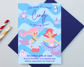 Mermaid Birthday Invitation, Little Mermaid Birthday Invitation, Mermaid Birthday Party Invitation Template, Cute Mermaid Birthday Invite