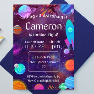 Ruimte verjaardagsfeestje uitnodiging, Outer Space verjaardagsuitnodiging, astronaut verjaardagsuitnodiging, ruimteschip verjaardagsuitnodiging sjabloon