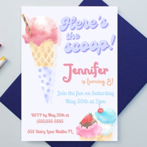 Editable Ice Cream Birthday Invitation, Here&#39;s the scoop Invitation, Ice Cream Birthday Invitation Template, Ice Cream Party Invitation