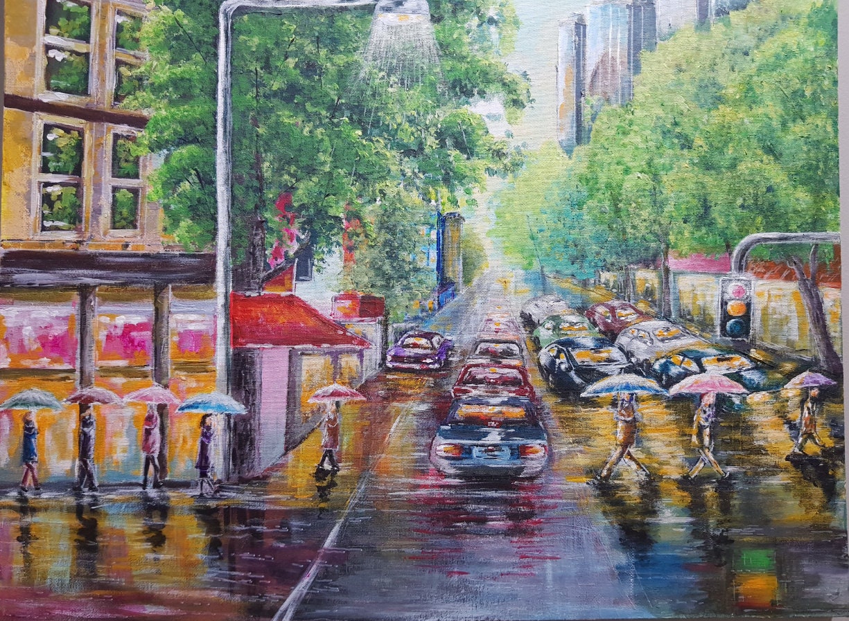 Rainy day in city acrylic painting Etsy