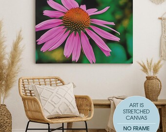 Lienzo estirado, arte de pared de flor de cono morado, decoración floral, impresión botánica, decoración del hogar, arte de oficina, regalo de inauguración de la casa, arte rosa