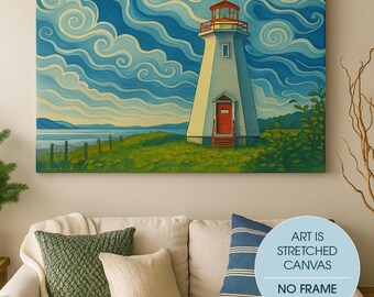 May include: A canvas print depicting a white lighthouse with a red door and top, set against a backdrop of a swirling blue sky. The artwork is on a grassy hill. Text in a blue circle reads "ART IS STRETCHED CANVAS NO FRAME NEEDED".